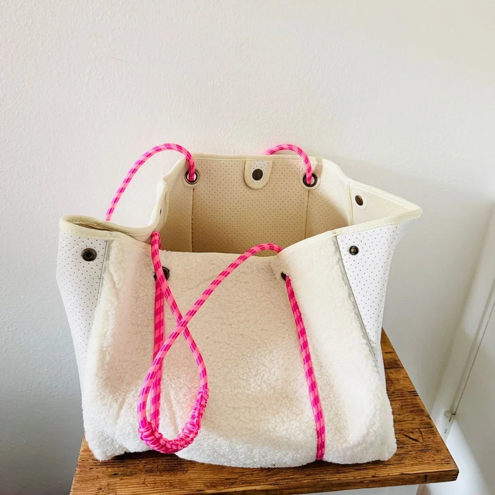 Anthropologie Annie Faux Sherpa Tote Bag in Crema with Pink Cord Handle
